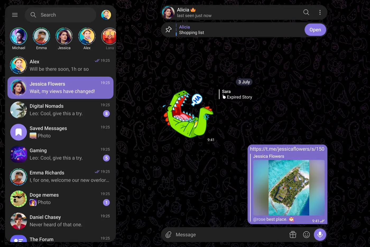 Telegram Web in the dark theme: chat list and an open conversation (demo data)