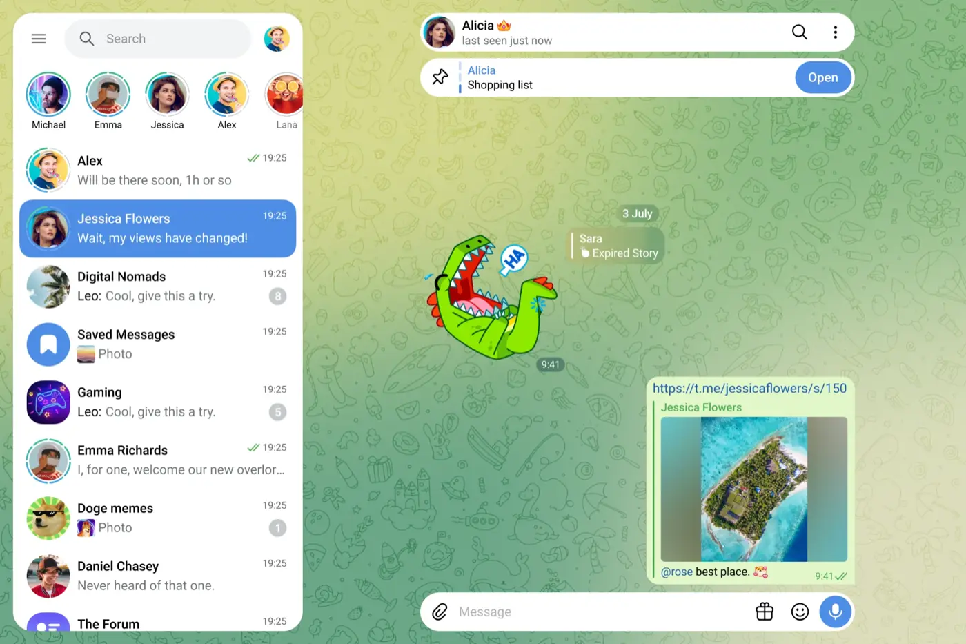 Telegram Web: chat list and an open conversation (demo data)